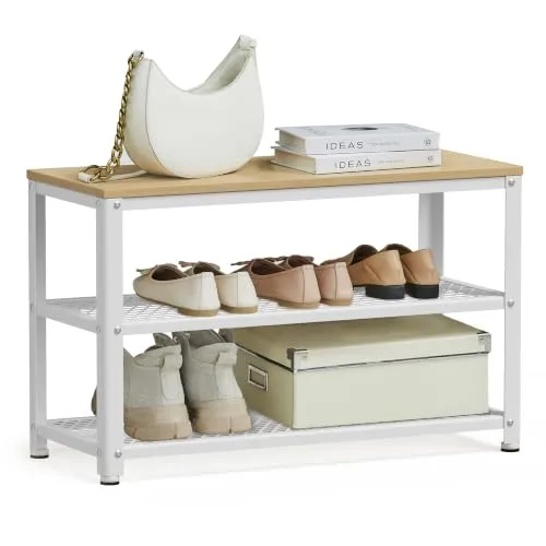 VASAGLE Schuhbank mit 2 Ablagen, 73 x 30 x 45 cm | Aufbewahrung für Schuhe, Metallgestell, Industrie-Design, Goldeichenfarben-weiß, DAXTON Kollektion LBS073W09