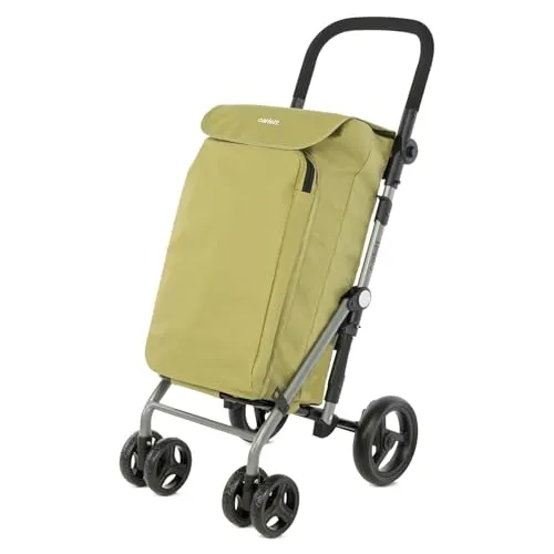 Carlett Einkaufstrolley mit 4 Rädern, faltbar, mit abnehmbarer 48-L-Tasche, bis 25 kg und 10-L-Thermofach, höhenverstellbarem Griff, Sicherheitsbremse, auf 2 Räder umstellbar, leicht – Lite Duo, Grüne