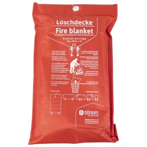 Dönges Löschdecke EN 1869, 1.000 x 1.000 mm (Feuerlöschdecke Fettbrand Glasfaser Glasfaserdecke EN1869), ideal für Haushalt und Camping, 100% hitzebeständiges Glasfasergewebe