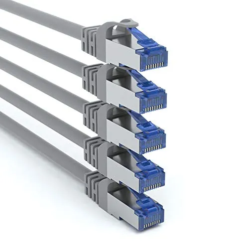 JAMEGA - 5 Stück - 0,25m CAT 7 Netzwerkkabel Gigabit Ethernet LAN Kabel in grau | 10000 Mbit s | Patchkabel Cat.7 Rohkabel SFTP PIMF Schirmung RJ45 Stecker | Switch Router Modem Access Point