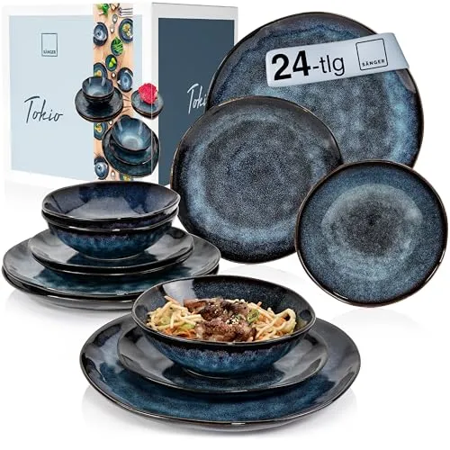 Sänger Tafelservice Tokio 24 tlg - Geschirrset für 8 Personen - Modernes handmade Steingut Geschirrset in Dunkelblau mit schwarzen Akzenten, spülmaschinen- und mikrowellengeeignet. Perfekt für besondere Anlässe und den täglichen Gebrauch.