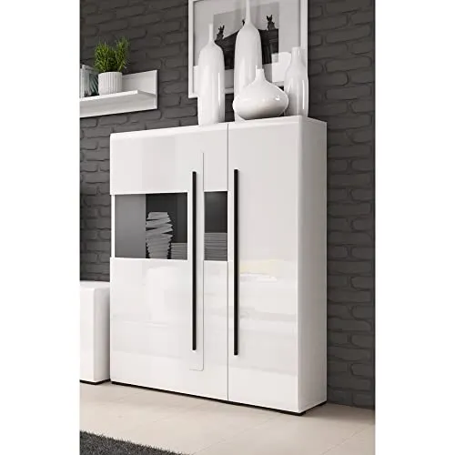 Highboard Vitrine modern in Weiß/Schwarz Hochglanz