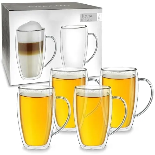 Creano doppelwandiges Thermoglas mit Henkel 250ml - 4x 250ml doppelwandige Kaffee- & Teegläser aus Borosilikatglas, die Getränke länger warm oder kalt halten und durch den Schwebe-Effekt optisch ansprechend sind.