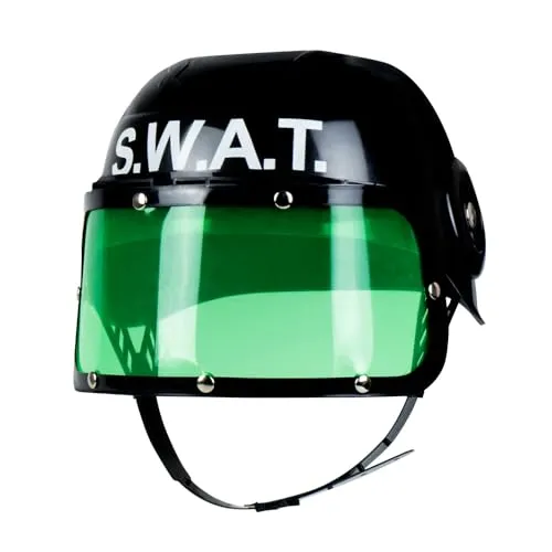 Boland - Kinderhelm Police, Visirhelm Polizist, Kinnriemen, grünes Visir hochklappbar, Kostüm, Karneval, Mottoparty, Schwarz