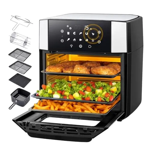 LLIVEKIT 15L XXL Heißluftbackofen, 10 in 1 Heißluftfritteuse, Mini Backofen mit Umluft 1800W, 3 Etagen, Drehspieß, 7 Zubehörteile, 90% weniger Öl, abnehmbare Tür, spülmaschinenfest, PFOA-frei