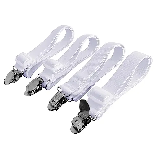 Beedsooth 4 Stück Bettlakenspanner verstellbar(60-200cm), Elastische betttuchspanner, Spanner für Bettlaken, Lakenspanner mit Metallklammern für Bettlaken, Bügelbrett, Matratze oder Sofa, Weiß