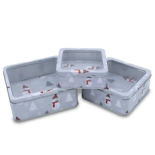 Spetebo Metall Gebäckdose mit Sichtfenster 3er Set eckig - 21/17 / 15 cm - Weihnachts Plätzchen Vorratsdose mit Schneemann Motiv - Keksdose Plätzchendose Aufbewahrung Geschenkbox