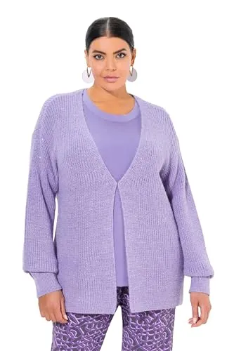 Ulla Popken Damen Strickjacke mit Pailletten - Strickjacke für Damen in Lavendel, lässig oversized mit glitzernden Pailletten und seitlichen Schlitzen für optimale Bewegungsfreiheit, ideal für jeden Anlass.