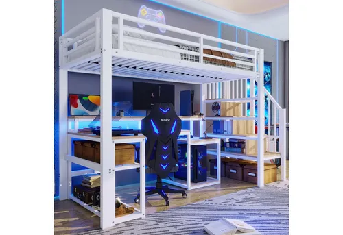 Redom Hochbett Weiß 90x200 cm - Modernes Kinderbett mit Schreibtisch und LED - Dieses stilvolle Hochbett in Weiß maximiert den Raum im Kinderzimmer. Mit integriertem Schreibtisch, Stauraumtreppe und USB-Anschlüssen ist es der perfekte Ort zum Lernen und Entspannen.