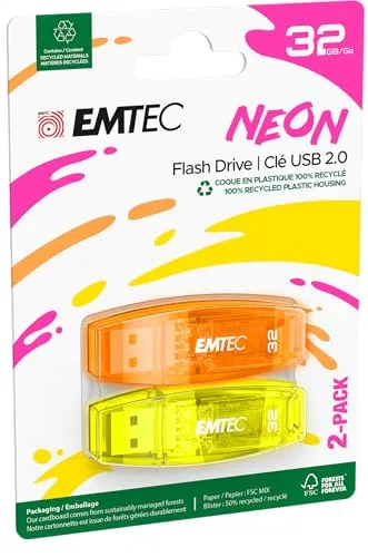 Emtec C410 32GB USB-Stick USB 2.0 Transparent Neon - 2er Pack (Orange Gelb)