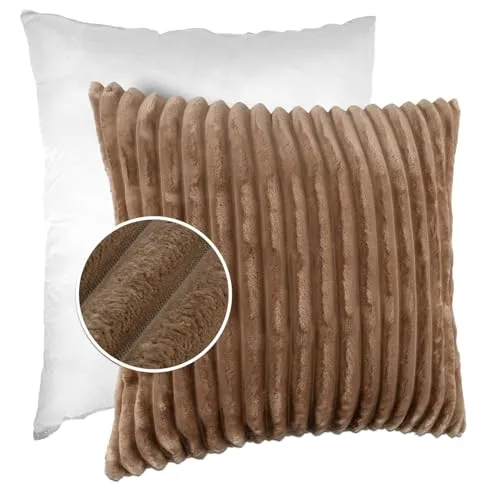 Dekokissen Kissenbezug Sofakissen Pillow Plüsch Kuschelkissen Zierkissen Cord Kissen Couchkissen Kord Kissenhülle ultraweich gestreift Lilli 40x40cm mit Füllung Beige