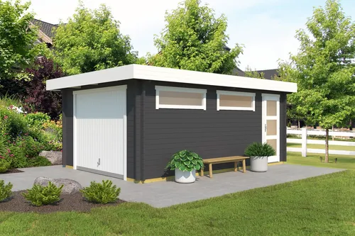 Garage Pultdach Canberra 44 mm mit Schwingtor grau 422x600 cm - Robuste Blockbohlen-Garage mit abschließbarem Schwingtor und 2 Einzelfenstern. Ideal für Fahrzeuge und Lagerung im Garten, mit einer großzügigen Nutzfläche von 18.66 m².