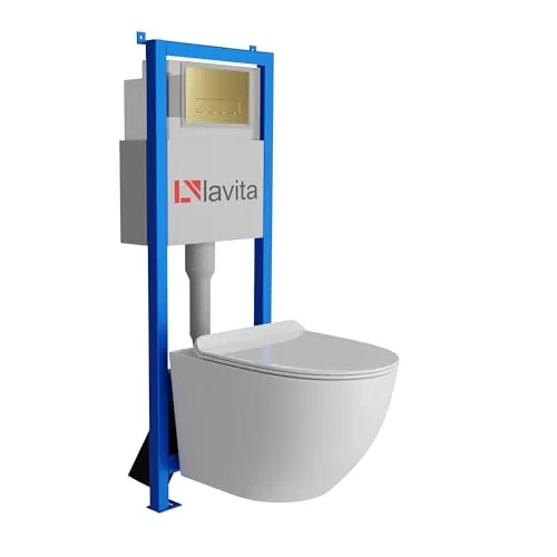 Lavita LAV 101 Vorwandelement für WC 40cm + Wand Hänge Tiefspül WC SOFI SLIM Weiß Spülrandlos + Bedienplatte LAV 200.3.5 Gold | Komplettset | Unterputz Spülkasten | Toilette Komplett Sett
