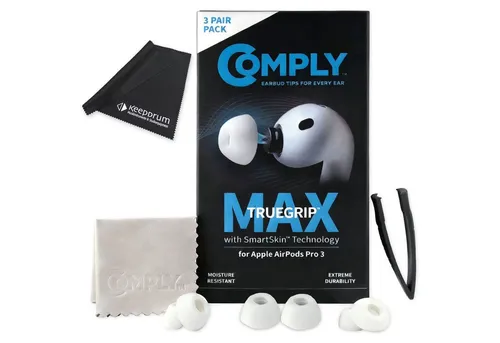 Comply Ohrstöpsel TrueGrip MAX für AirPods Pro 3 - Weiß Mix mit Mikrofasertuch - Hochwertige Schaumstoff-Aufsätze für AirPods Pro 3 in Weiß, Größe Mix. Bieten verbesserten Halt und Tragekomfort. Inklusive Mikrofasertuch zur Reinigung. Ideal für ein besseres Hörerlebnis!