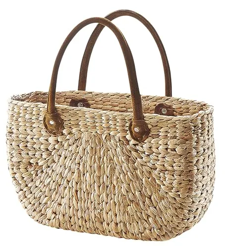 Kobolo Shopper Korbtasche aus Wasserhyazinthe - Shopper aus 80% Wasserhyazinthe mit eleganten Ledergriffen, ideal für umweltbewusste Einkäufe und stilvolle Ausflüge. Größe: 43x28x15 cm, Volumen: 20 l.