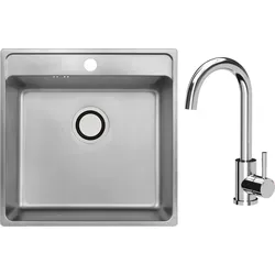 VBChome Edelstahlspüle mit Armatur 49 x 48 x 21 cm Inox Glatt Edelstahl Einbauspüle mit Hahnloch Küchenspüle Groß Becken Siphon Armatur Chrom