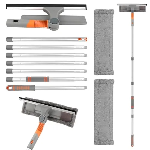 Professioneller Teleskop Fensterwischer,2-in-1 Fenster- & Duschwischer mit 162 cm Teleskopstange, Fensterabzieher mit Teleskopstange für Innen & Außen,Streifenfreie Glasreinigung