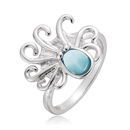Cavill Larimar Silberring 925 Sterling Silber mit 0,89 ct blauem Larimar Cabochon im kreativen Oktopus Design, modernes elegantes Schmuckstück aus Dominikanischer Republik, Größe 17-21
