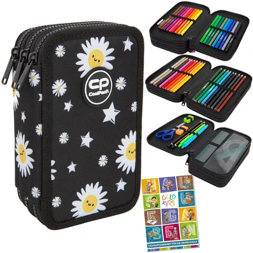 Federmappe 3-Fach DAISY BLACK - Gefüllte Federtasche - Federmappen & Schlamperrollen, gefüllt mit hochwertigem Zubehör und stilvollem Blumen-Design in Schwarz, ideal für Schule und Büro.