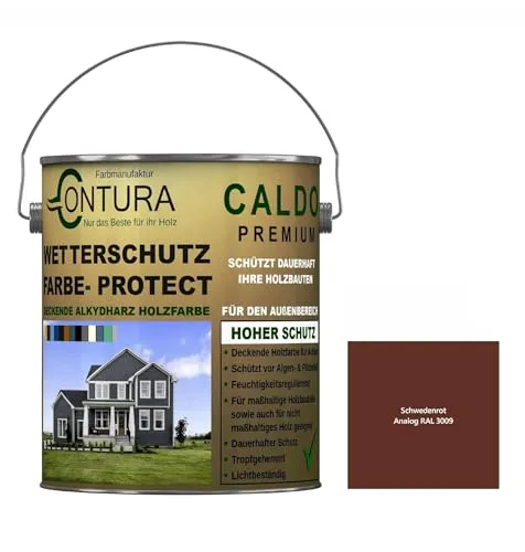 Contura Wetterschutzfarbe 500ml. Holz Dauerschutzfarbe Deckend Buntlack Holzfarbe Holzlasur Seidenmatt (Schwedenrot - RAL 3009 Analog)
