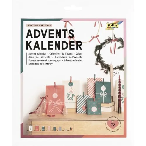 folia Adventskalender BOWTIFUL CHRISTMAS 72-teilig - 72-teiliges Set für kreative Vorfreude auf Weihnachten, ideal zum Basteln und Dekorieren in der Vorweihnachtszeit.