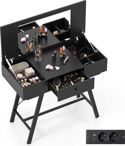 COSTWAY Schminktisch mit großem Spiegel und Ladestation in schwarz von Costway