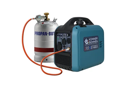 Könner & Söhnen Stromerzeuger KS 1900iG S, 1900 in kW, (Hybrid Inverter 2kW (Benzin/LPG) – ultraleicht 17kg, 1-tlg., Dual Fuel LPG/Benzin, 2000W Peak, reine Sinuswelle, Eco-Mode), Inkl. Gasschlauch, USB-Ports, nur 17kg, Parallelfunktion