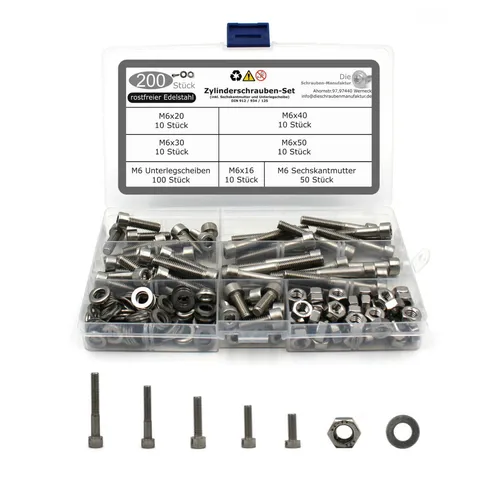 teiliges Set aus M6 Zylinderschrauben Sechskantmuttern und Unterlegscheiben 200