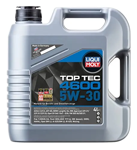 LIQUI MOLY Motoröl 5W-30 Top Tec Synthetiköl Motor Öl ACEA C2 ACEA C3 API SN 4600 4L Kompatibel mit VW Golf VII Schrägheck 5G1, BQ1, BE1, BE2 Golf IV Schrägheck 1J1 GOLF VI 5K1 Golf V Schrägheck 1K1