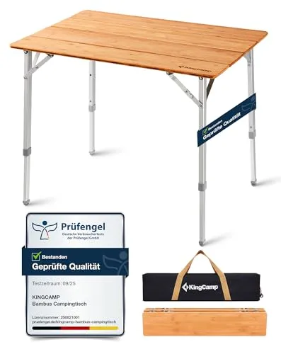 KingCamp Campingtisch Bambus Klapptisch höhenverstellbar für 4-6 Personen Campingtisch klappbar 4 Falten mit Tragetasche belastbar bis 80 kg,100 x 65 cm,L