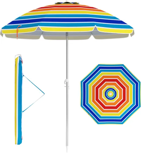 COSTWAY Sonnenschirm Strandschirm 178cm, Gartenschirm windfest UPF 50+, 30° knickbar, Sonnenschutz mit Erdspieß & Tragetasche Bunt