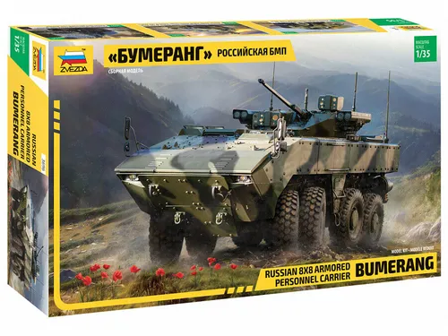 Zvezda 3696 - 1/35 Russian 8x8 Armored Personnel Carrier Bumerang - Bausatz für ein detailliertes Modell des russischen Bumerang, ideal für Modellbau-Enthusiasten und Militärfahrzeug-Liebhaber.
