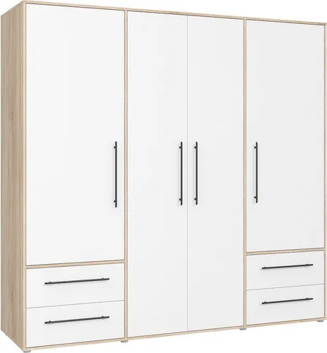 FORTE Drehtürenschrank Mokkaris, zeitloses Design mit Schubladen - Drehtürenschrank in Eiche Sonoma/Weiß, bietet viel Stauraum mit 4 Schubladen und 7 Einlegeböden, ideal für Ordnung im Schlafzimmer.