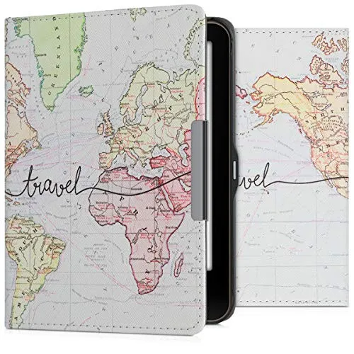 kwmobile Schutzhülle für Tolino Vision 1/2 / 3/4 HD Hülle - eReader Flip Case mit Auto Sleep Funktion - Travel Schriftzug mit Schwarz Mehrfarbig