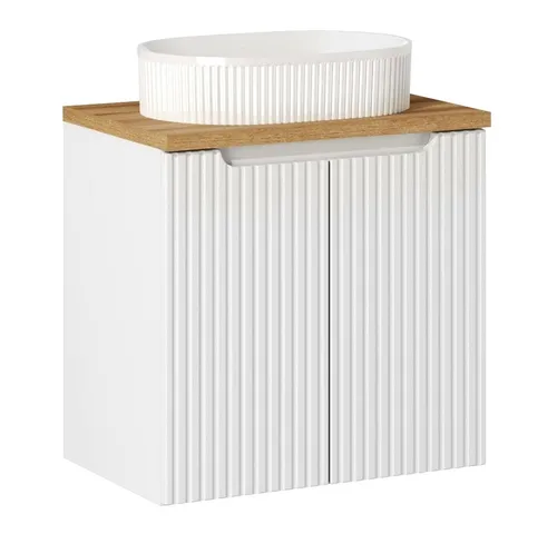 Lomadox Waschtisch NEWPORT-56-WHITE mit Aufsatzwaschbecken - Eleganter Badezimmerwaschtisch in Weiß mit Eiche, Maße 60x40x71 cm, bietet viel Stauraum mit 2 grifflosen Drehtüren. Ideal für stilvolle und praktische Badgestaltung.