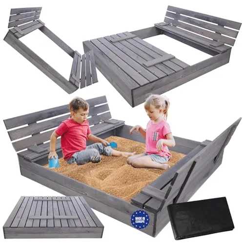 MODO24 Sandkasten mit Deckel und Sitzbänken, Holzsandkasten, Gartenspielzeug für Kinder, Sandkasten für Garten, Outdoor Sandkasten mit Bänken, Abmessungen 140x137 cm, Farbe: Grau (imprägniert)