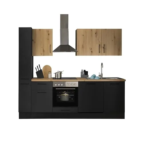 Stella Trading Turin Z Küchenzeile 250 x 211 cm in Schwarz - MODERNES DESIGN - Diese Küchenzeile in mattem Schwarz mit Artisan Eiche Optik bietet viel Stauraum und clevere Aufbewahrungslösungen. Ideal für die individuelle Gestaltung ohne Küchengeräte. Einfache Montage für jeden! Maße: 250 x 211 x 60 cm.