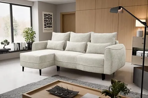 Kaiser Möbel - Sofa mit Schlaffunktion und Bettkasten - Ecksofa L Form, Schlafsofa mit Bettzeugbehälter, Sofa 3-sitzer, Klappsofa, Bequemes Couch mit Ottomane für Wohnzimmer, SELIO, Ecru, Links
