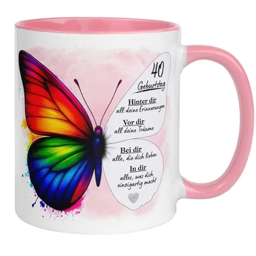 Geburtstag Frauen Geschenk Tasse | Schmetterling - Hinter dir Erinnerungen | Lustige Geschenk Geburtstagstasse mit Spruch 40. Geburtstag | 40ter Geburtstag - Witziges Geburtstagsgeschenk Frau 40