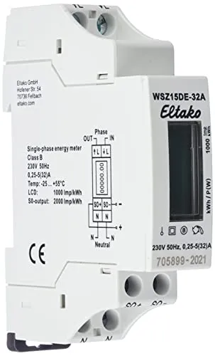 Eltako Wechselstromzähler WSZ15DE 32A - Elektronischer Wechselstromzähler für präzise Verbrauchsmessung mit LCD-Anzeige, ideal für die DIN-Schienenmontage und Nennstrom von 32 A.