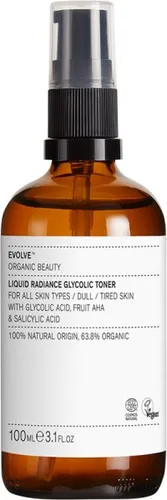 Evolve Organic Beauty Liquid Radiance Glycolic Toner 100 ml - Gesichtswasser mit 100 % natürlichen Inhaltsstoffen, exfoliert sanft und reduziert Hautunreinheiten für einen klaren, strahlenden Teint. Ideal für alle Hauttypen und vegan.