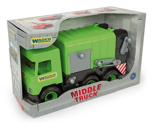 Wader Middle Truck grüner Müllwagen im Karton, realistisches Müllauto, bewegliche Seitenklappe und Lift, inkl. Mülltonne, L = 43 cm, robuste Konstruktion, ab 1 Jahr