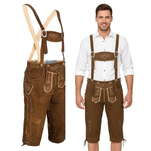 Spirit of Bavaria Lederhose Herren – 100% Echtleder Trachtenhose mit Trägern - Traditionelle Trachtenlederhose aus 100% Rindsleder in Premiumqualität. Mit verstellbarem Bund, abnehmbaren Hosenträgern und praktischen Taschen – ideal für Oktoberfest und besondere Anlässe.