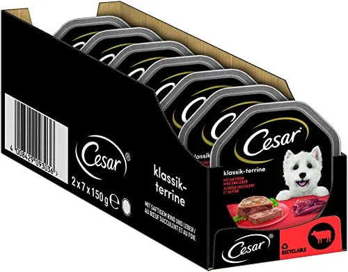 Cesar Hundefutter Nassfutter Klassiker mit saftigem Rind und Leber, 7 er Pack (7 x 2 Schalen x 150 g)
