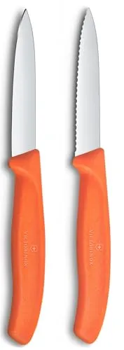 Victorinox Swiss Classic Gemüse- und Schälmesser, für Obst und Gemüse, Extra Scharf, Gerade und Wellenschliff, Rostfreier Stahl, Orange