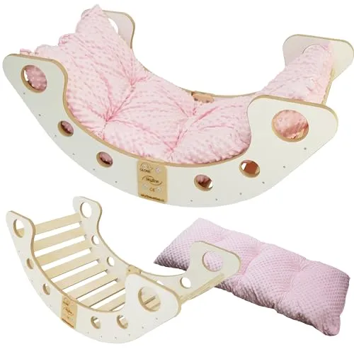 Skyline Kletterbogen mit Kissen Baby Kleinkind Kinder ab 1 Jahr Indoor Klettern Montessori Klettergerüst Holz Wippe Balancewippe Kletterdreieck Kletterwippe Holzwippe Kletterling Holzbogen L Rose