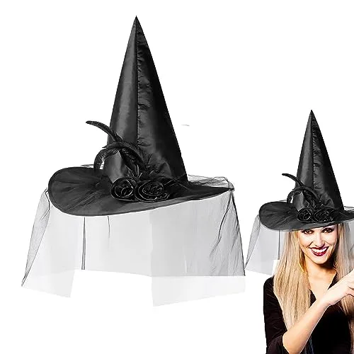COLOFALLA Hexenhut Damen Schwarz mit Rosa Feder Halloween Accessories Halloween Köstum Zubehör Zauberer Hut Halloween Hut Party Cosplay Karneval Fasching Mottoparty