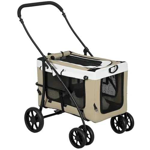 PawHut 2 in 1 Hundewagen für Hunde & Katzen bis 10 kg - Praktischer klappbarer Hundebuggy mit abnehmbarem Fach als Tiertransporter, ideal für Reisen und Spaziergänge. Sicher und komfortabel mit Netzfenstern und Aufbewahrungskorb.