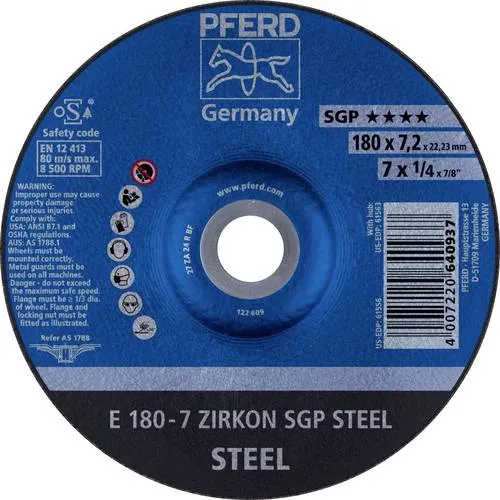 PFERD 62217737 E 180-7 ZIRKON SGP STEEL Schruppscheibe - Schruppscheibe für Stahl mit 180mm Durchmesser, bietet sehr gute Schleiffreudigkeit und herausragende Standzeit für effizientes Arbeiten.