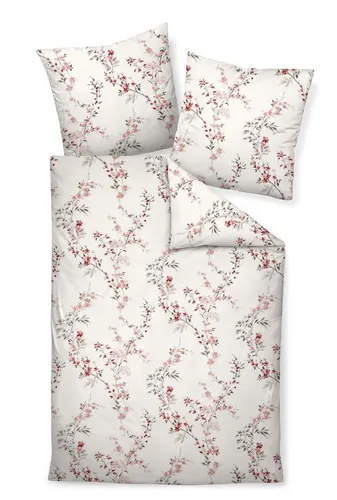 Janine Bettwäsche Edel Baumwolle, Flanell, 2 teilig, Blumenzweige mit rosa Blüten auf weißem Hintergrund